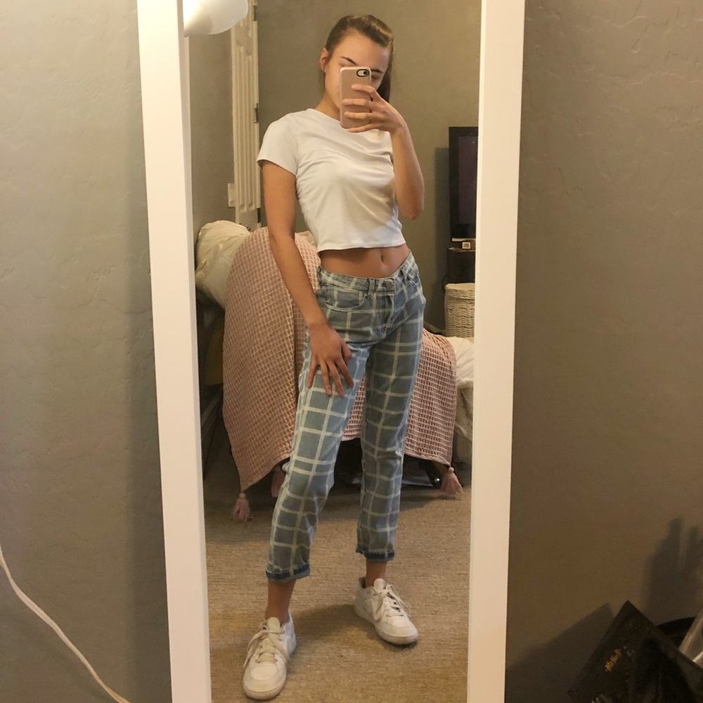 Pretty Little Thing checkered boyfriend jeans